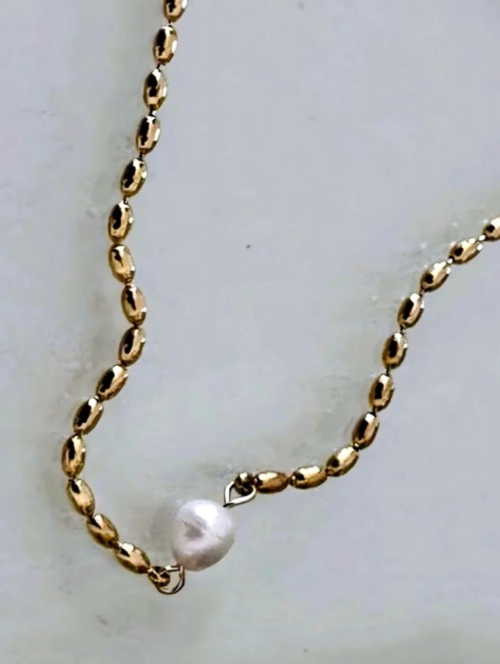 18k gp bean necklace with real freshwater pearl; 15.75" w/a 1.97" extender; nwot - Picture 2 of 10
